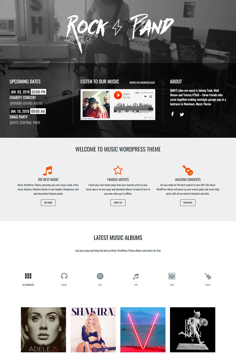 Music WordPress Theme Site Builder Template astist band DJ